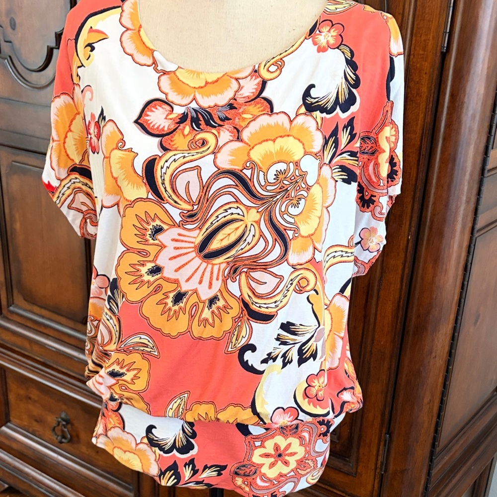 Chico's Vibrant Floral Blouse in Orange and Cream